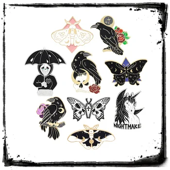 Скелет Мотылька, броши-бабочки для женщин, мужчин, готический панк, Звезда, Луна, темно-черная эмалевая булавка, Металлические значки, ювелирные изделия на Хэллоуин, подарки