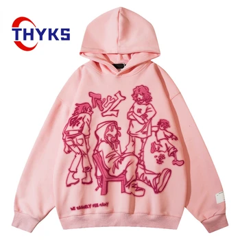 Толстовка в стиле хип-хоп оверсайз, мужская, женская, весенне-осенняя, розовая, с забавным рисунком, уличная одежда для влюбленных, Harajuku, повседневный простой пуловер с капюшоном