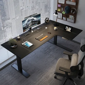 Угловой электрический подъемный стол L-образный угловой кожаный рабочий стол, письменный стол, домашний компьютерный стол, офисный рабочий стол, массив дерева