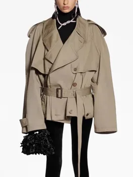 Универсальная куртка 2023, Осеннее короткое двубортное пальто с поясом, стягивающее талию, Верхняя одежда свободного кроя Широкого силуэта