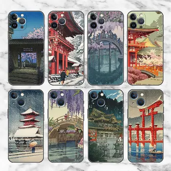 Черный Мягкий Чехол для Apple iPhone 13 14 12 11 Pro Max mini 7 8 6 6S Plus XR X XS Max fundas для Мобильного Телефона Japan Landscape Temple