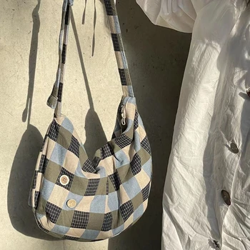 Японская холщовая милая холщовая клетчатая сумка через плечо, сумка для хранения большой емкости, женская сумка, кошельки, сумочка